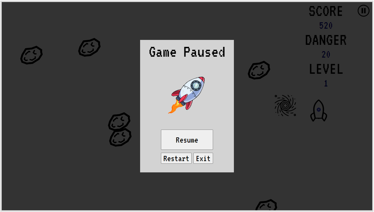Dimmed gameplay view with a centered pause menu showing “Game Paused,” a rocket image, and buttons for Resume, Restart, and Exit.