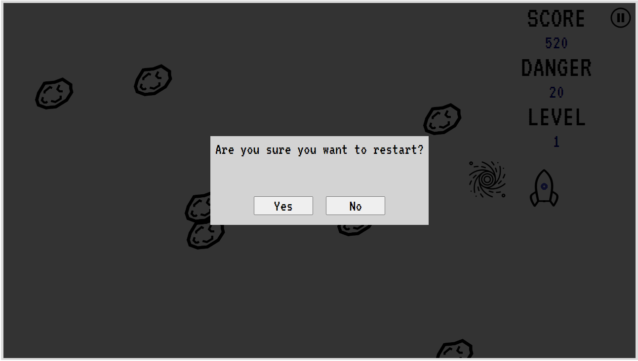 Dimmed game screen with scattered cartoon asteroids and a small rocket on the right. A centered light-gray dialog box asks, “Are you sure you want to restart?” Below it are two buttons labeled “Yes” and “No.” The right-side HUD still shows SCORE 520, DANGER 20, LEVEL 1, with a pause icon in the top corner.