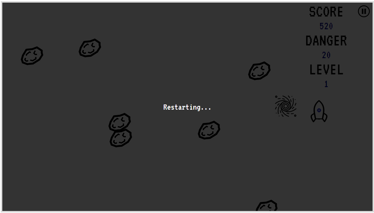 Dimmed gameplay screen with scattered hand-drawn asteroids. In the center, small white text reads “Restarting…” The right HUD still shows SCORE 520, DANGER 20, and LEVEL 1, along with a small pause icon.