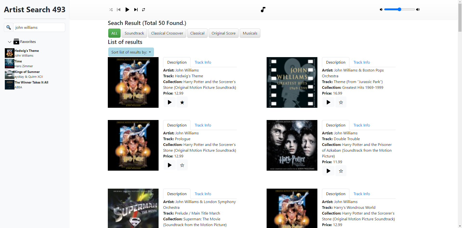 An interface displaying music track results, each with additional options and information, including a star icon; selecting the star marks the track as a favorite and adds it to the “Favorites” folder in the side panel.