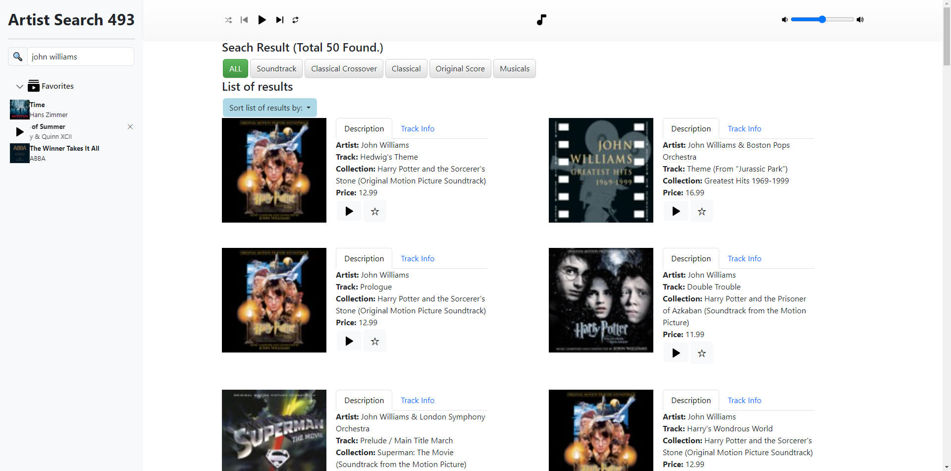 An interface displaying music track results, each with additional options and information, including a star icon; selecting the star marks the track as a favorite and adds it to the “Favorites” folder in the side panel.