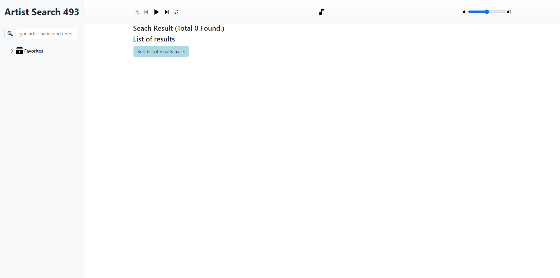 Music search interface with an empty search bar and no results displayed in the center of the screen.