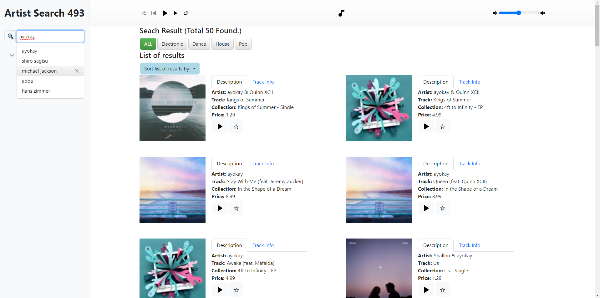 An interface displaying music track results. The search bar displays a list of past search results.