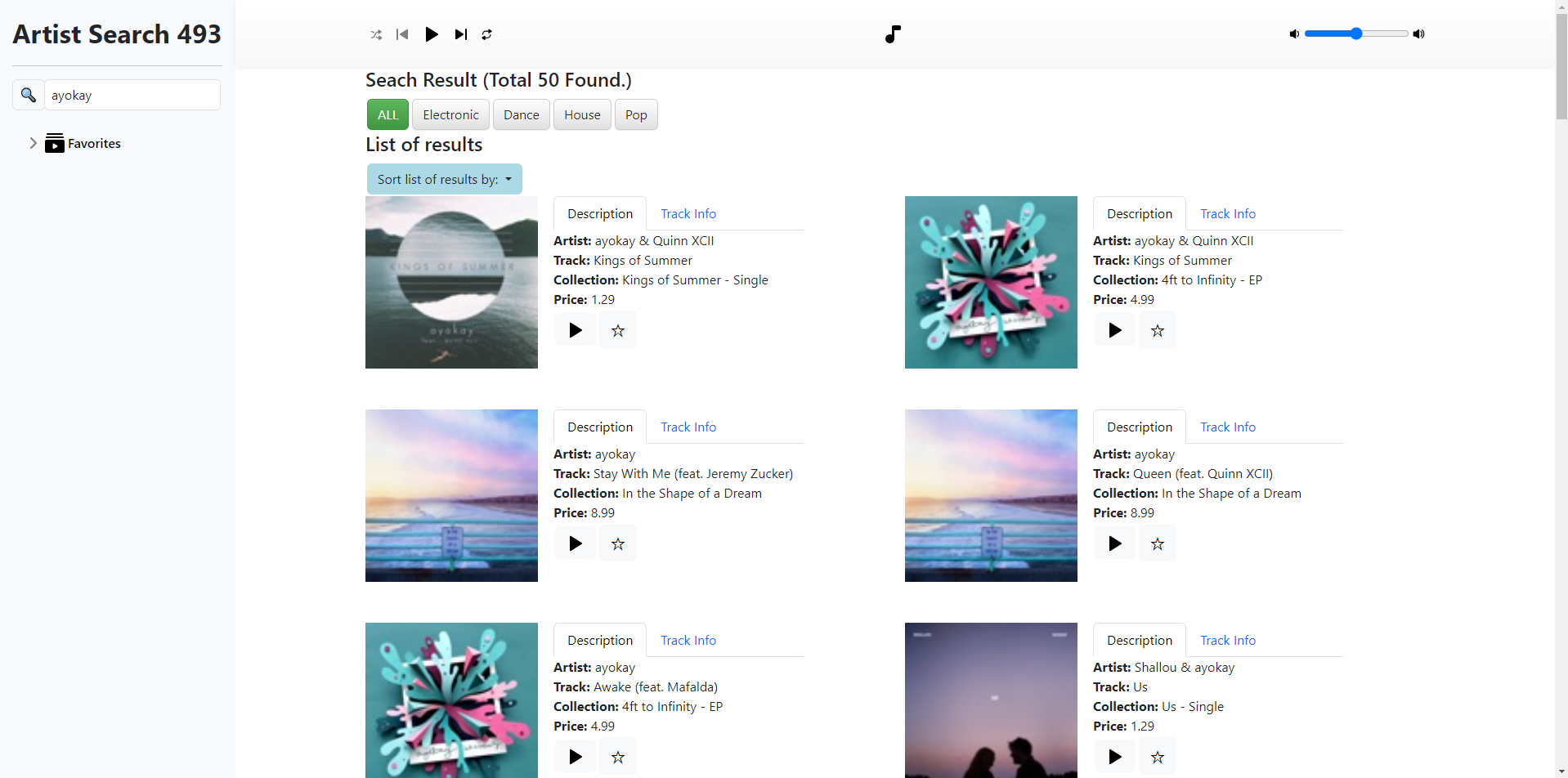 Music search interface showing results for the artist 'Ayokay.' Fifty tracks found, with several tracks displayed at a time.