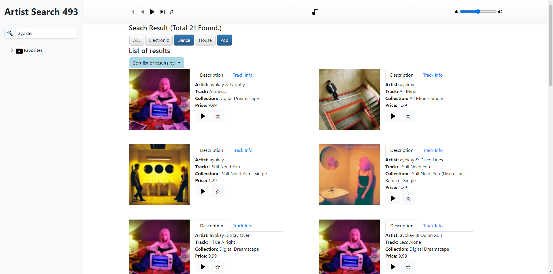 An interface displaying music track results. In this screenshot the user has selected to filter by 'Dance' and 'Pop'.