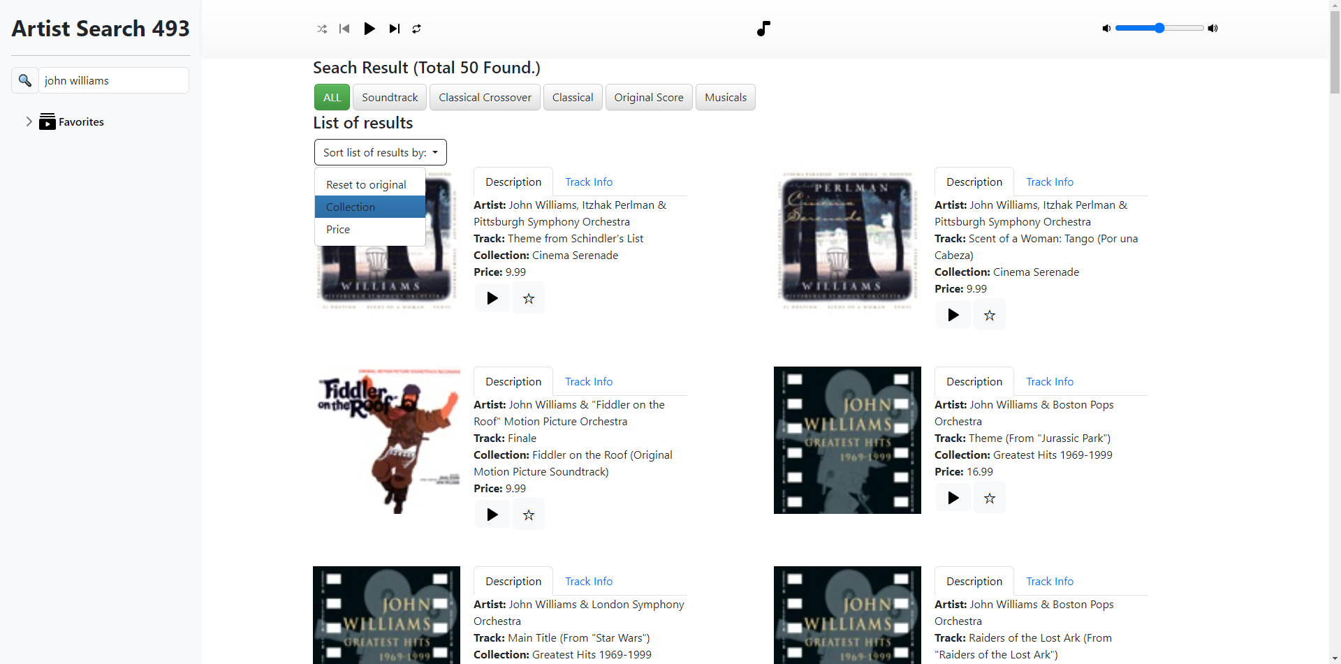 An interface displaying music track results with controls to sort the results using a dropdown menu and filter them by genre. Selecting the dropdown filter opens options such as sort list results by: Reset to original, collection, and price.