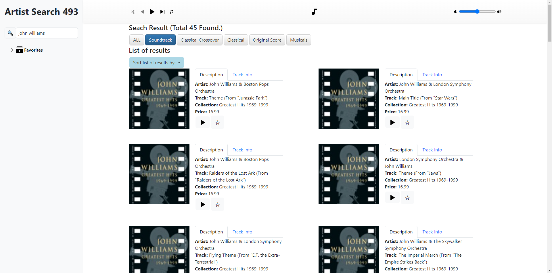An interface displaying music track results with controls to sort the results using a dropdown menu and filter them by genre. In this screenshot the user has selected to filter by the Soundtrack genre.