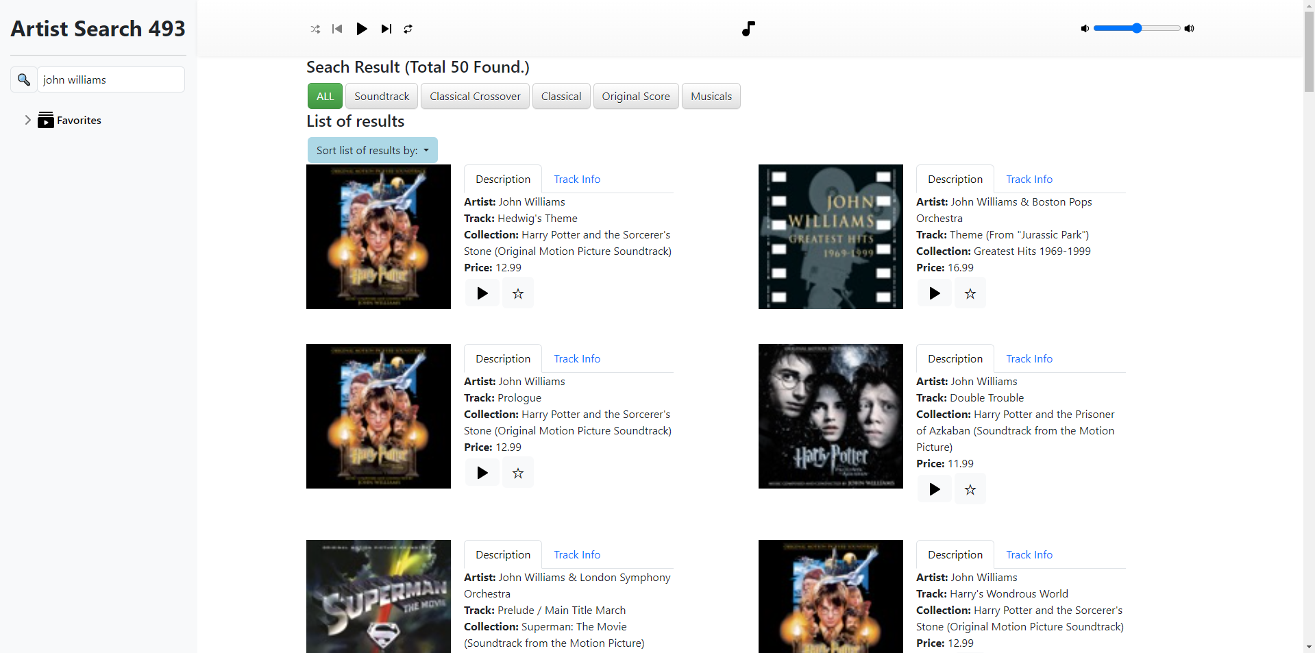 An interface displaying music track results with controls to sort the results using a dropdown menu and filter them by genre.