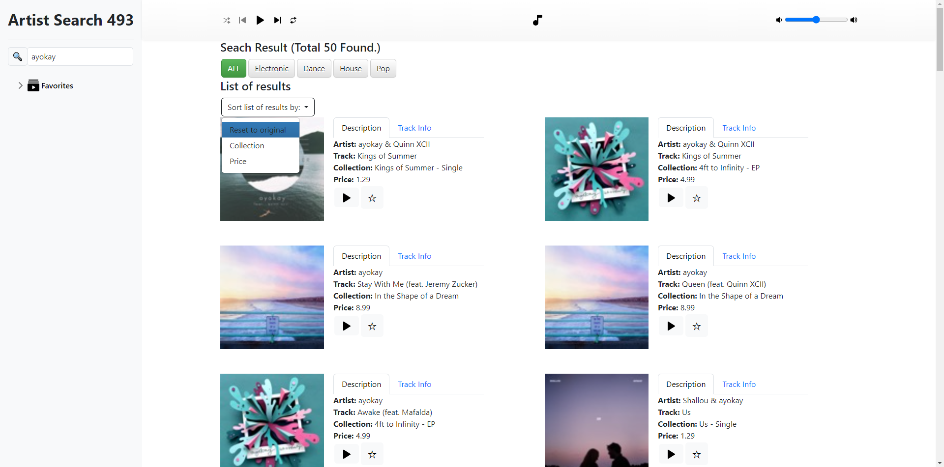 An interface displaying music track results with controls to sort the results using a dropdown menu and filter them by genre. Selecting the dropdown filter opens options such as sort list results by: Reset to original, collection, and price