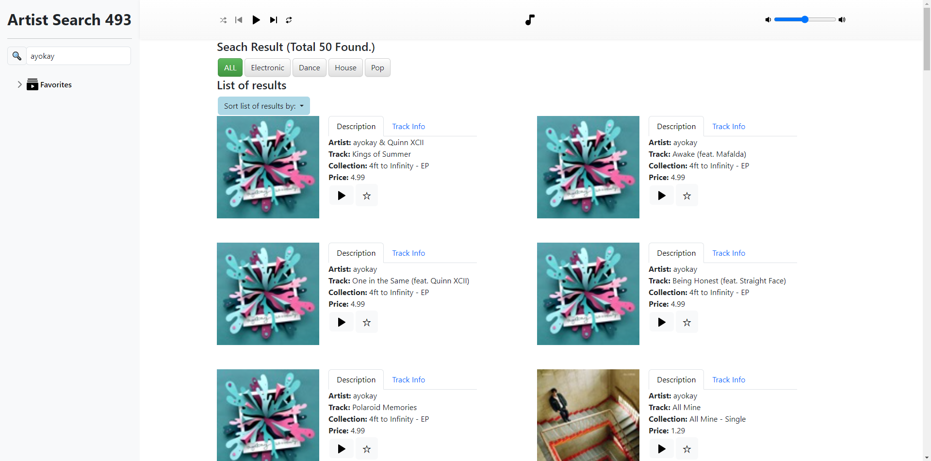 An interface displaying music track results. The results are sorted by collection.