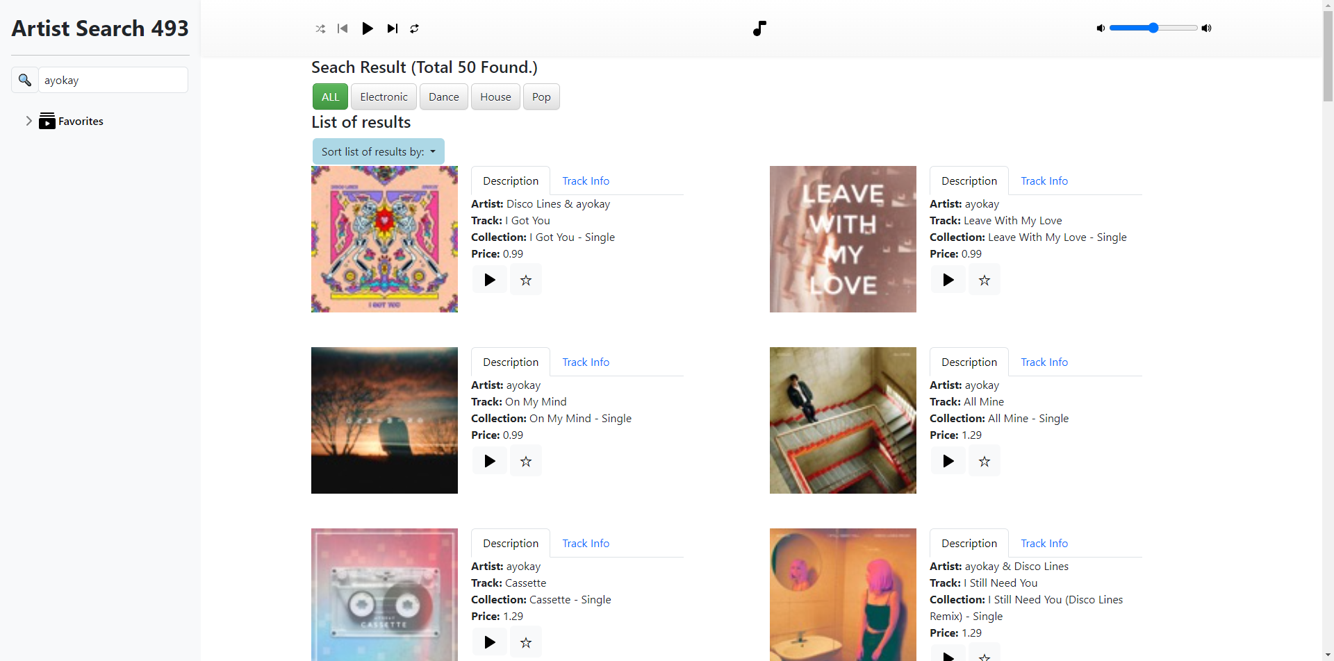 An interface displaying music track results. The results are sorted by price.